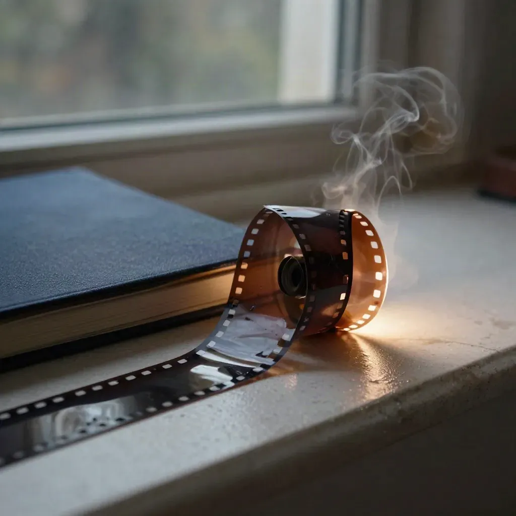 Film strip curling beside acetate sleeves on a pale stone ledge in moody twilight.