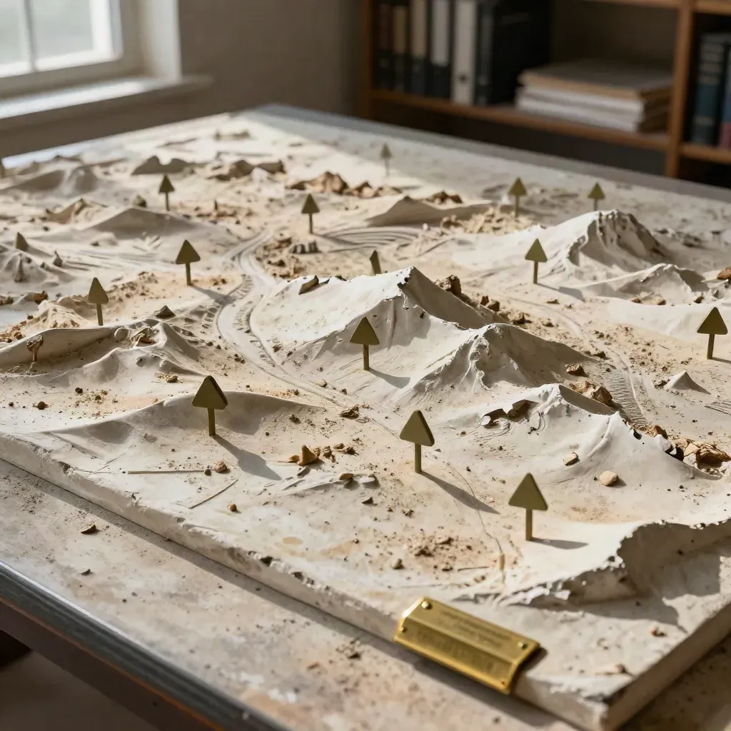 Battlefield relief model with khaki pins and a brass archive tag on pale plaster, lit by cold noon light.