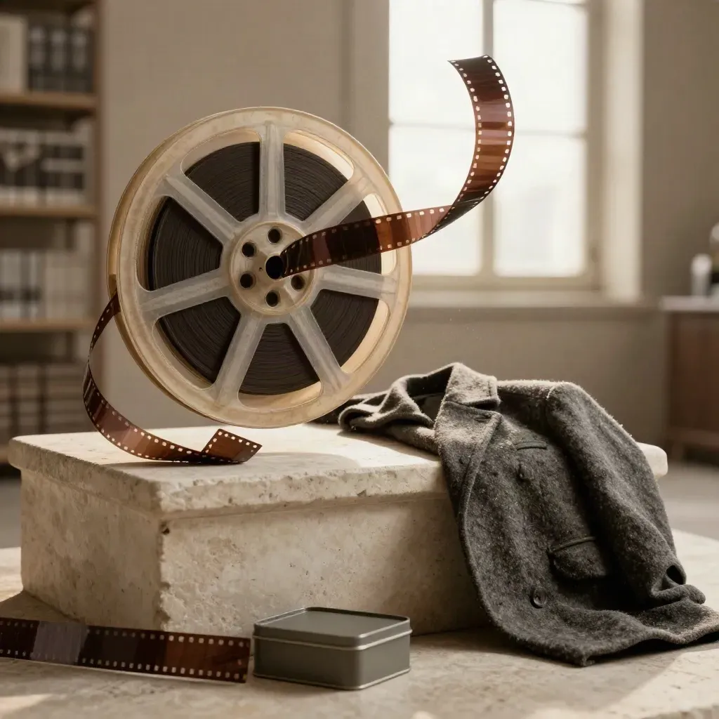 Archival reel, sepia prints, wool coat and tin on stone in a moody cinematic setup.