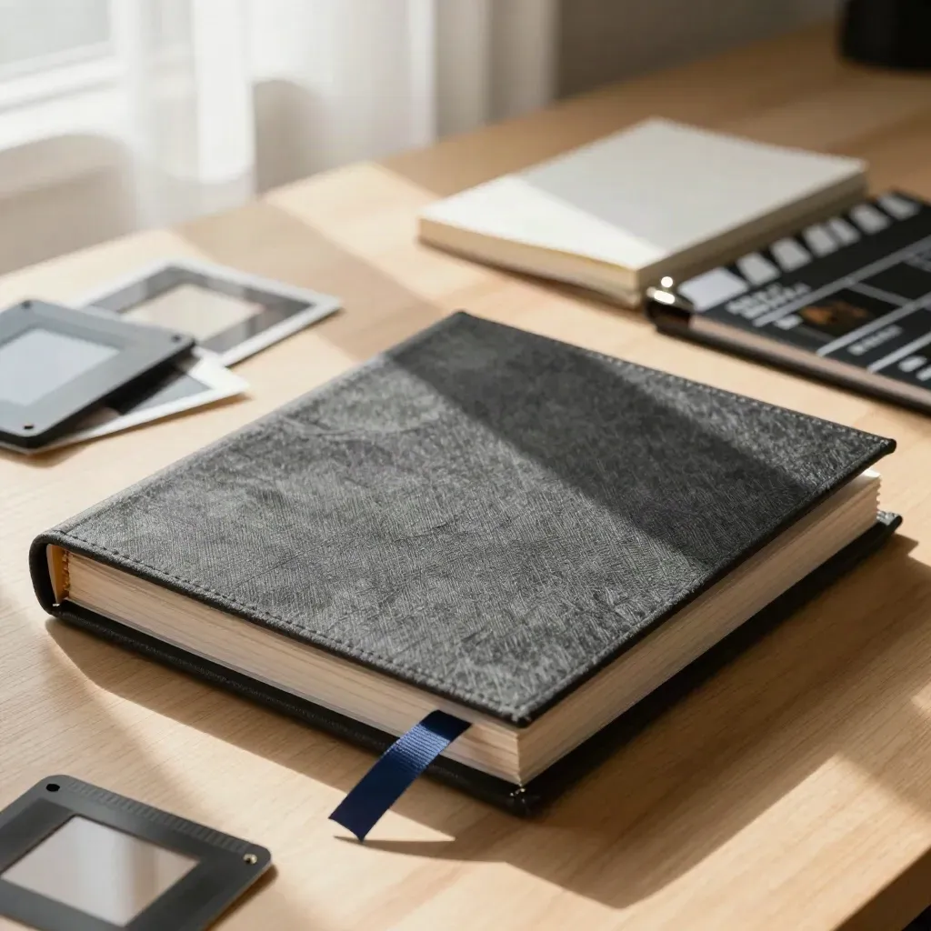 Closed screenplay binder with contact sheets, slate notebook, and acetate sleeves on pale oak