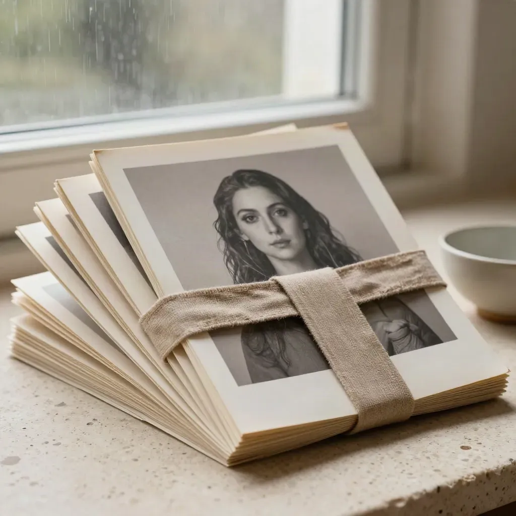 Cast portrait prints on travertine, one lifted by light beside a linen band and ceramic bowl.