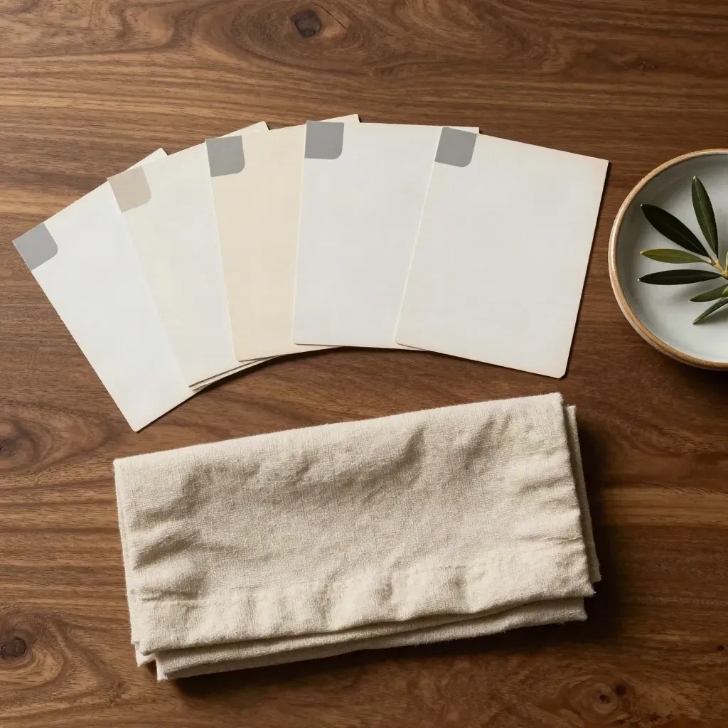Archival scene cards, folded cloth, and olive branch in a ceramic dish on walnut