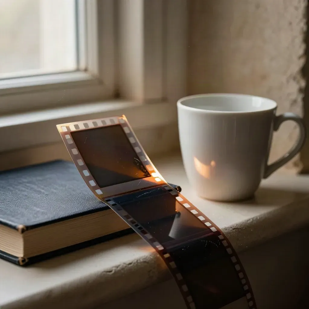 Film-strip contact sheets, acetate sleeves, navy bookcloth and a pale ceramic cup on a ledge in dusk haze.
