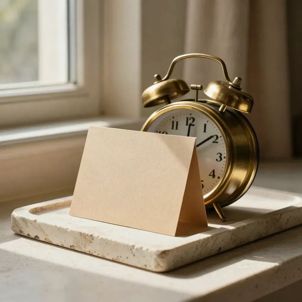 Brass alarm clock and khaki release cards on a pale stone tray in warm window light.