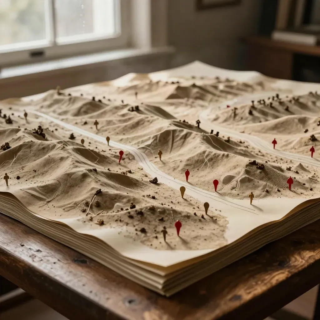 Layered battlefield terrain model with route pins lit by misty window light