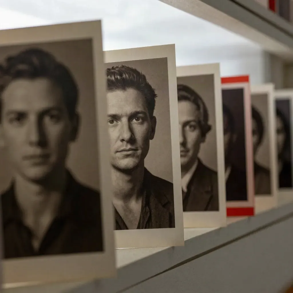 Low-angle macro of clipped portrait prints catching rim light in a hazy film archive