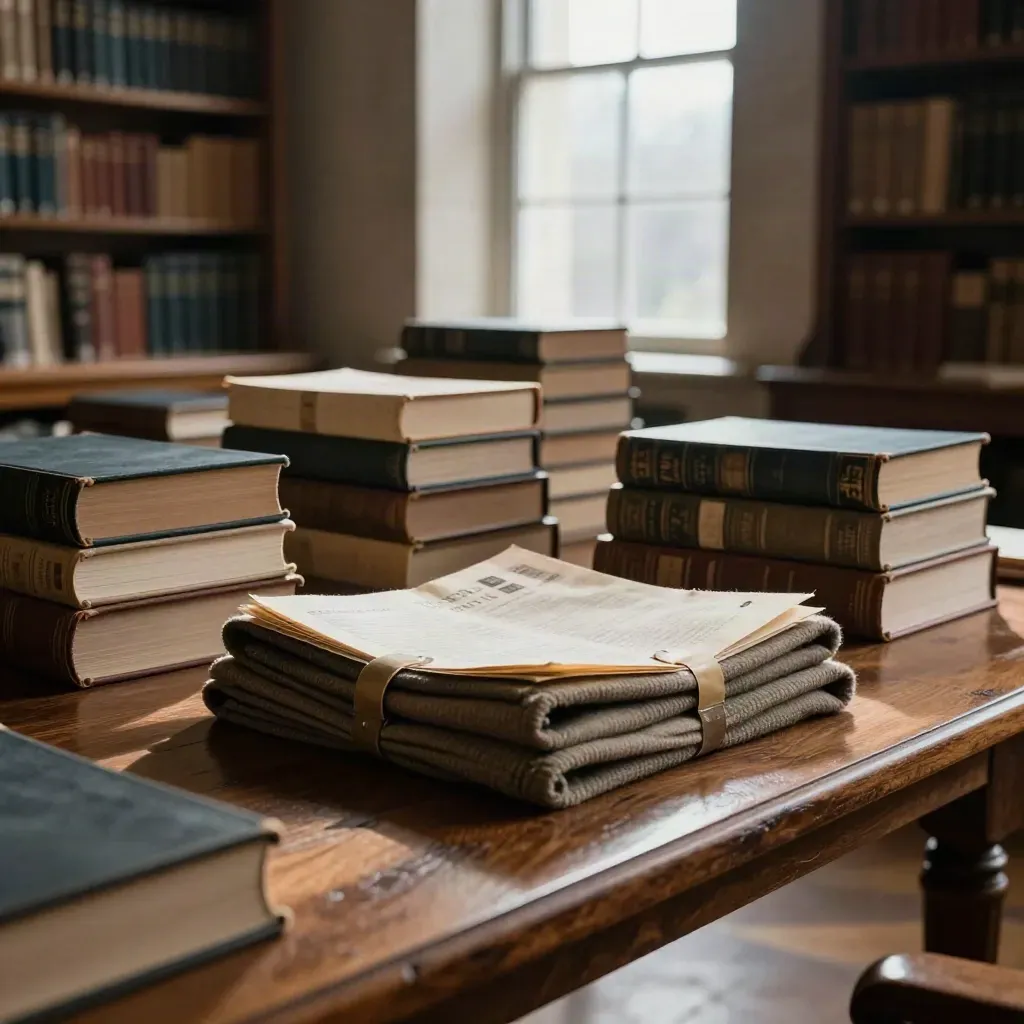 Quiet museum reading room table with books, archival folders, and a folded wool blanket in winter light
