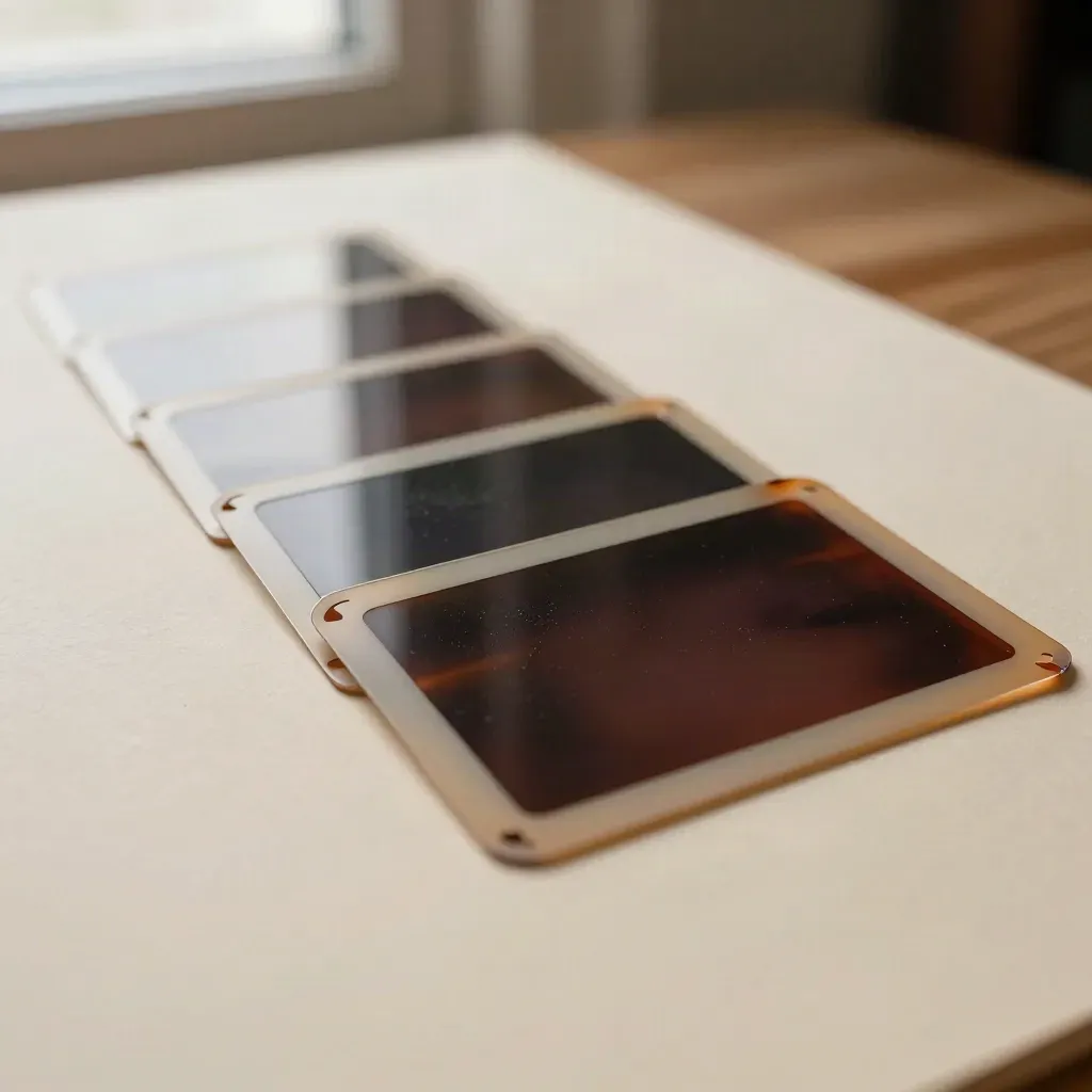 Diagonal acetate film frames with khaki tabs on a pale archival table in soft overcast light.