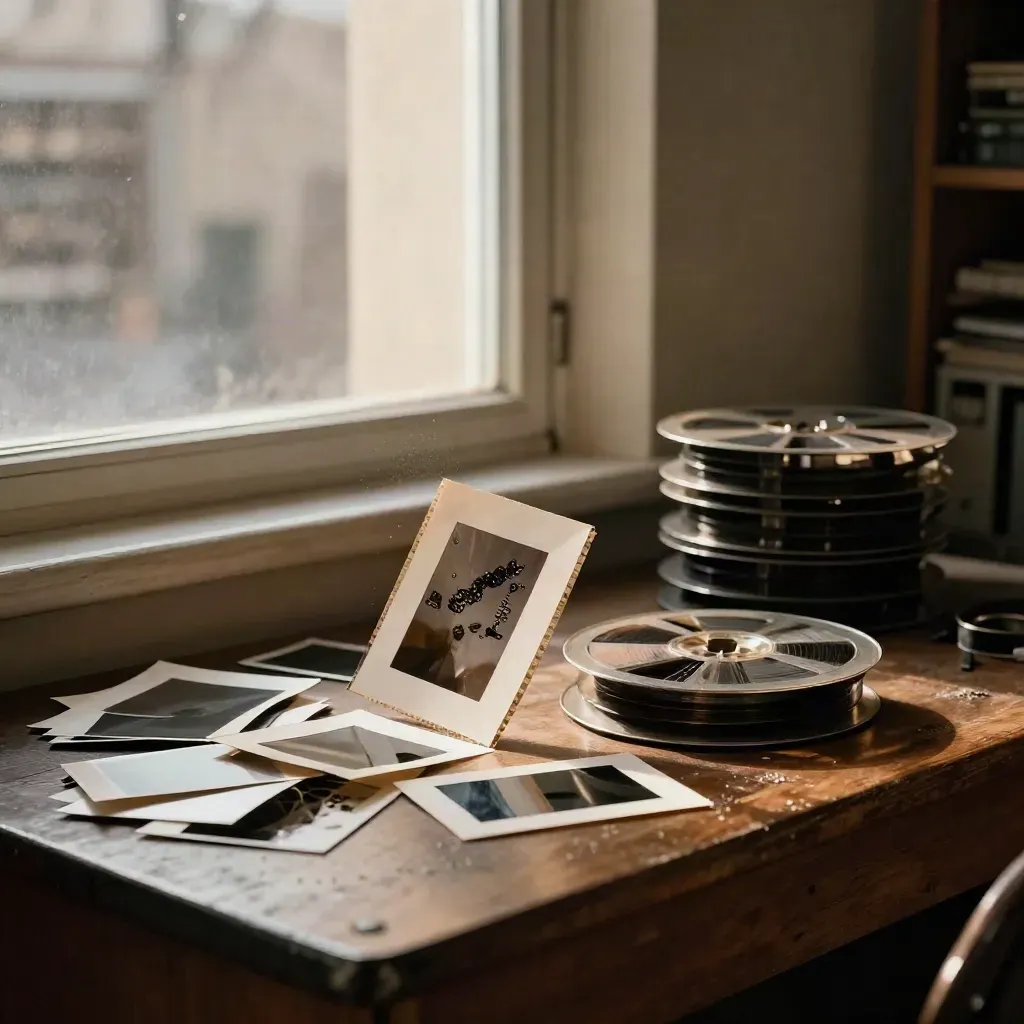 Contact sheets and a film reel by a window, one loose frame lifting in warm dusk light.