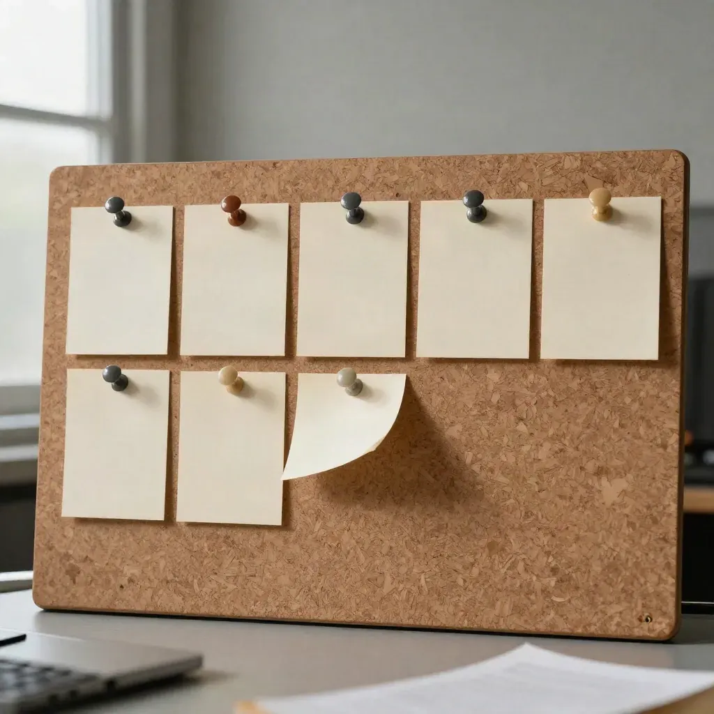 Minimal release board with blank cards, colored pins, and one curled corner in warm window light.