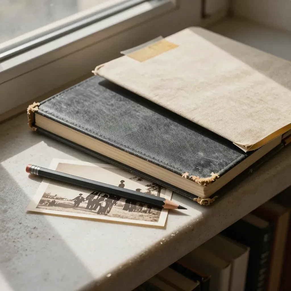 Closed notebook, sepia film still, pencil, and linen folder on a stone reading ledge.