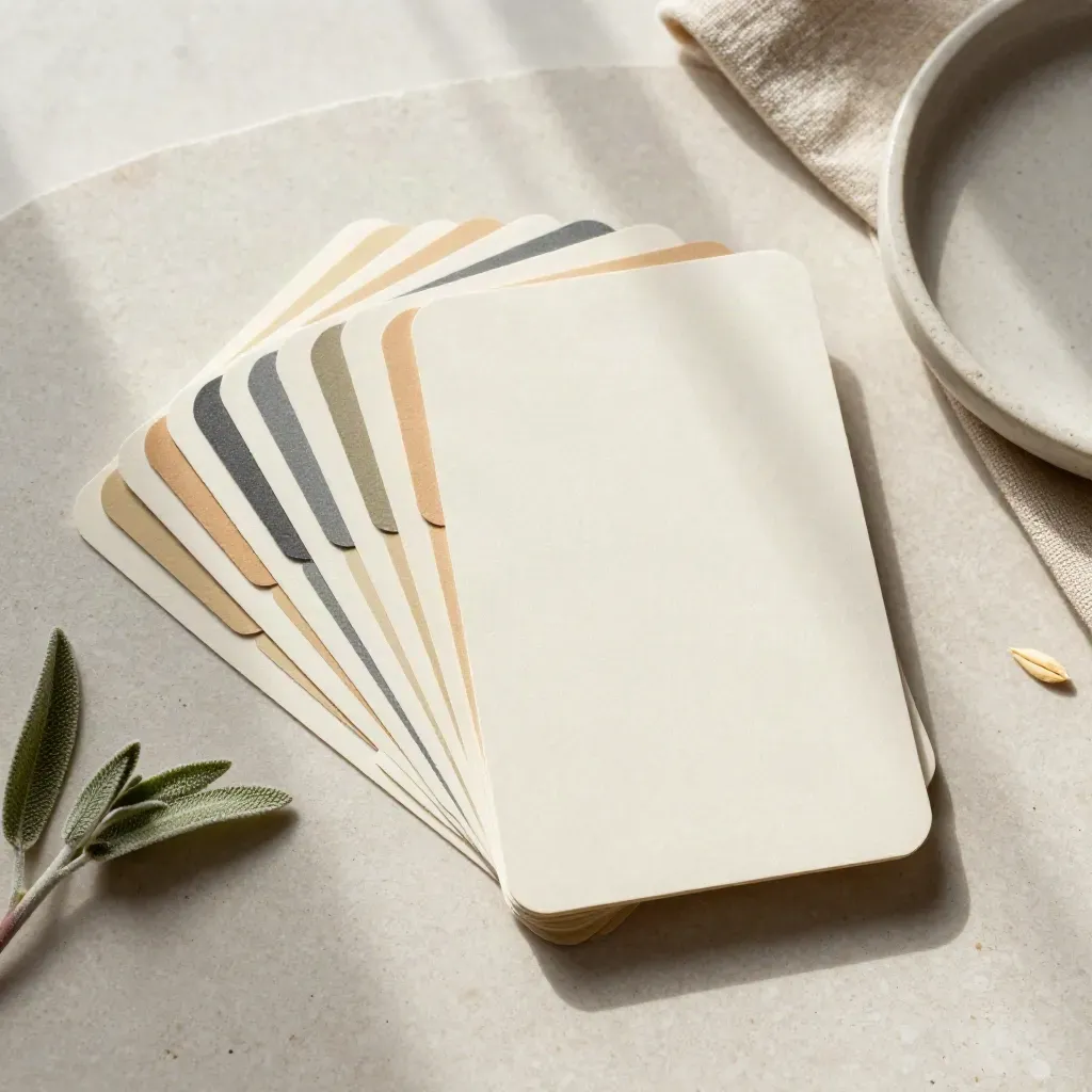 Overhead scene cards with tabs, linen, plant and ceramic dish on pale plaster.
