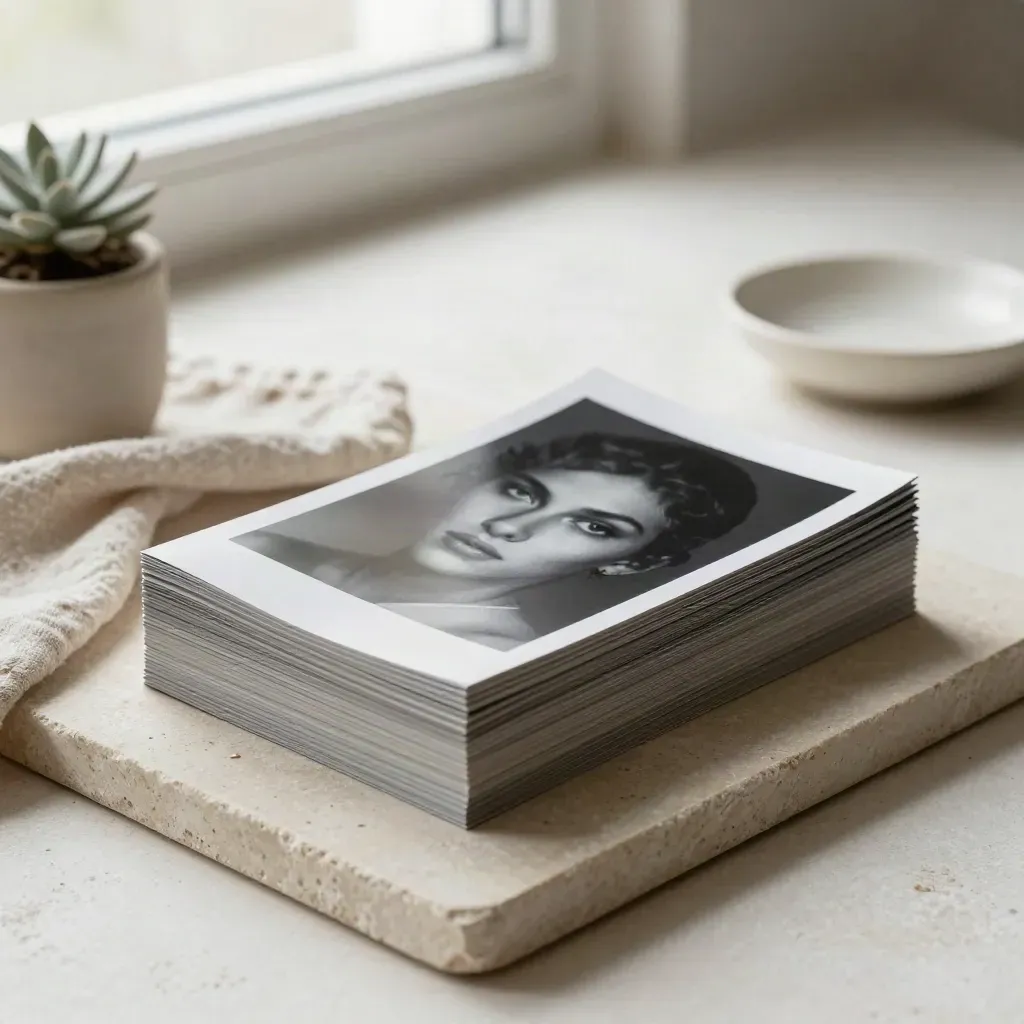 Portrait contact sheets on stone tray with linen cloth, small plant and ceramic dish in soft window light.