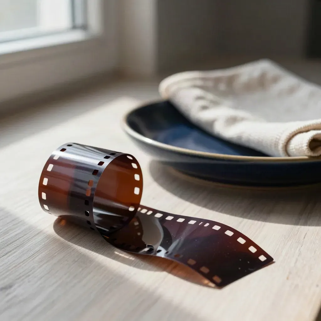 Curled film negatives beside a navy ceramic dish and folded cloth on pale wood.