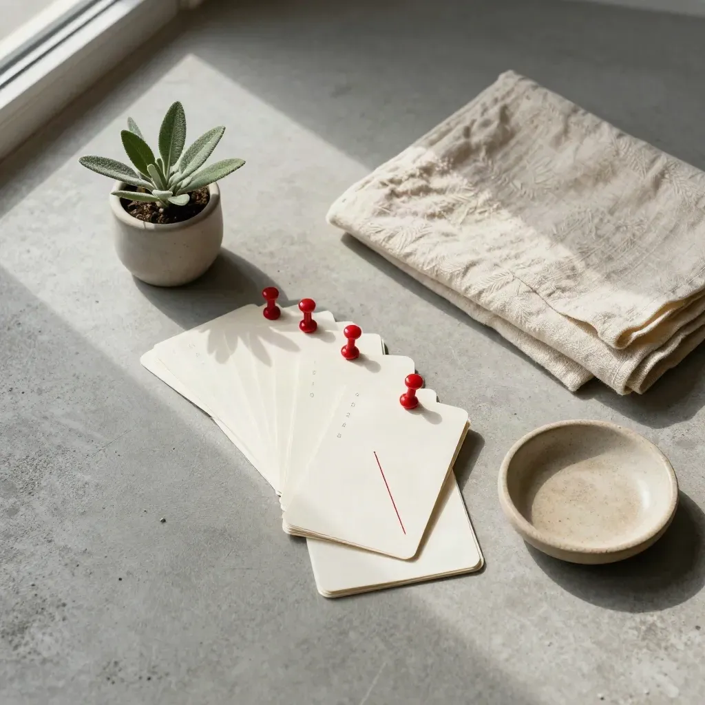 Top-down release timeline cards pinned in muted red, with linen, plant and ceramic dish.