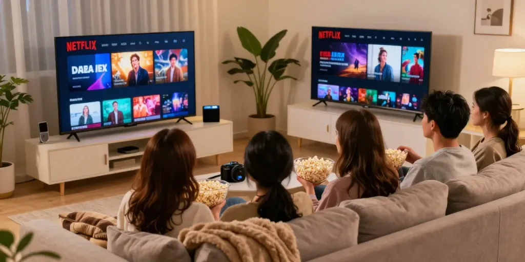 Friends enjoying a cozy movie night with Streaming Netflix Gratis on a smart TV.